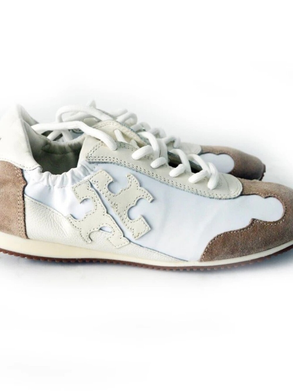 BURCH TORY SNEAKER NYLON/LEATHER/SUEDE T LOGO IVORY/TAN/SZ US 8.5 - Picture 6 of 13
